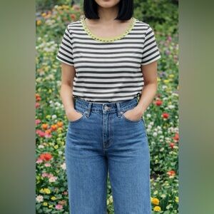 NWT LOFT Stripe Blouse Medium Beaded Collar Classic Office Old Money